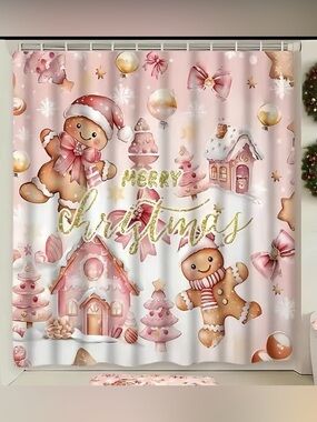 Holiday Gingerbread Shower Curtain - Pink Christmas  & toilet seat cover & botto